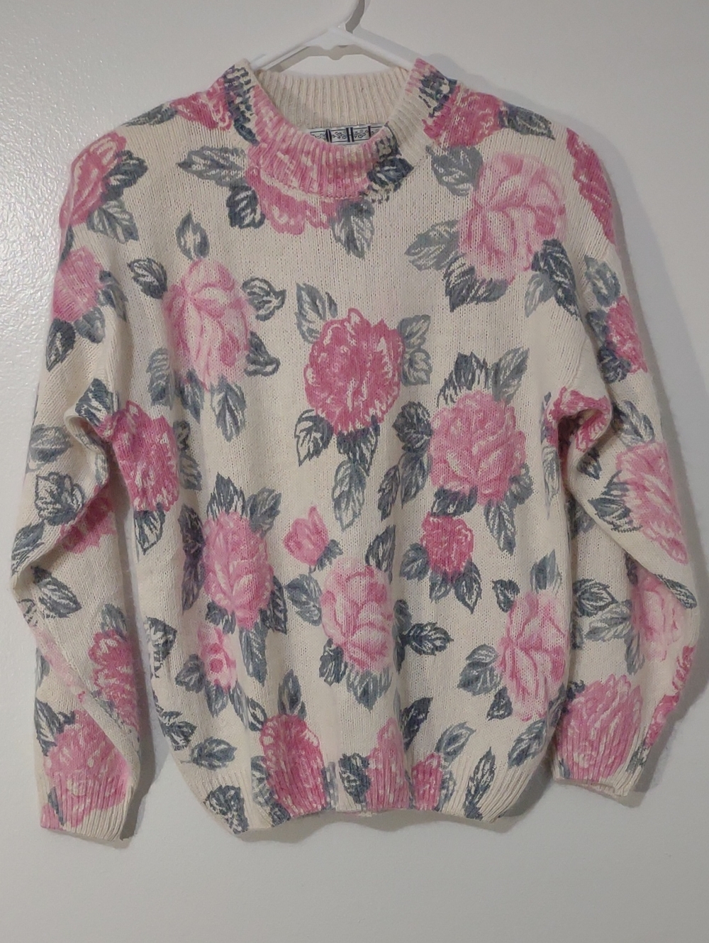 Vintage Floral Angora Silk Blend Sweater Pink Rose Print Cottagecore Size M
